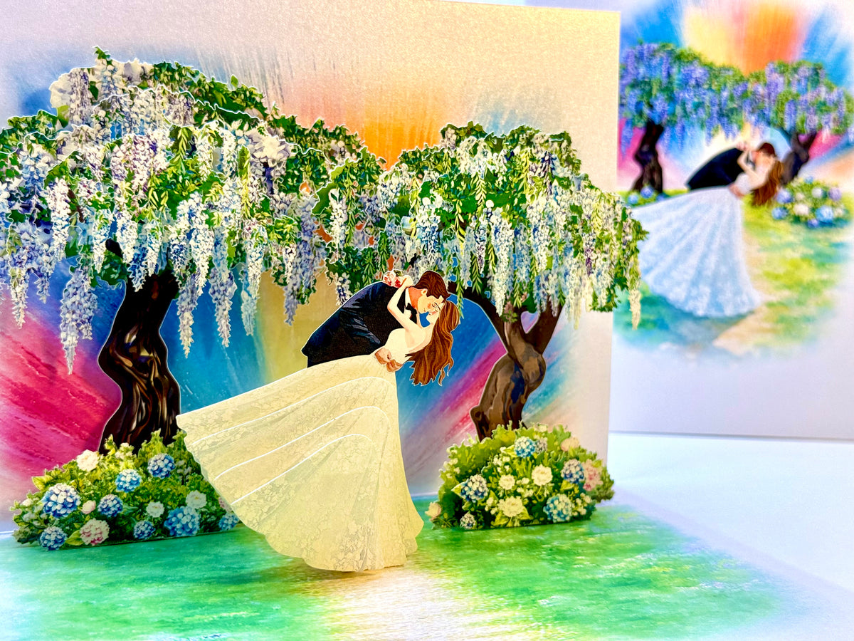 Romantic Blooming Purple Wisteria Wedding Trees with Bride & Groom 3D POP UP GREETING CARD - Created by Origami Pop Cards – 3D Pop Up Greeting Cards, Australian Design & Handmade, 3D Pop Up Magical Paper Cards Celebrate Love Anniversary Heart Fell