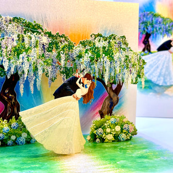 Romantic Blooming Purple Wisteria Wedding Trees with Bride & Groom 3D POP UP GREETING CARD - Created by Origami Pop Cards – 3D Pop Up Greeting Cards, Australian Design & Handmade, 3D Pop Up Magical Paper Cards Celebrate Love Anniversary Heart Fell