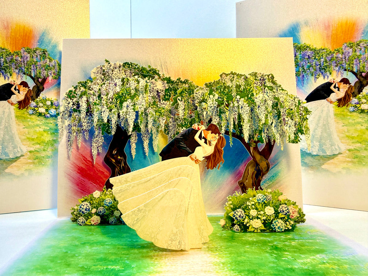 Romantic Blooming Purple Wisteria Wedding Trees with Bride & Groom 3D POP UP GREETING CARD - Created by Origami Pop Cards – 3D Pop Up Greeting Cards, Australian Design & Handmade, 3D Pop Up Magical Paper Cards Celebrate Love Anniversary Heart Fell