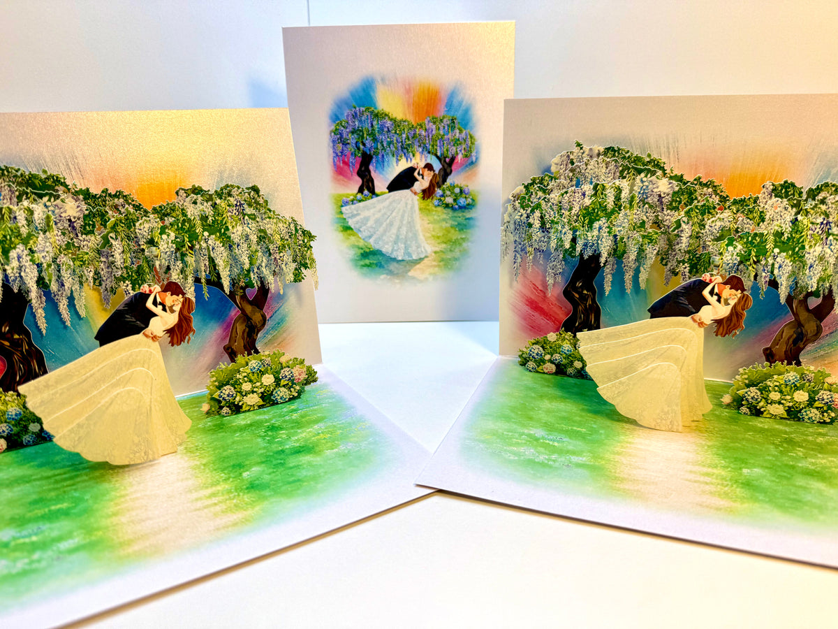 Romantic Blooming Purple Wisteria Wedding Trees with Bride & Groom 3D POP UP GREETING CARD - Created by Origami Pop Cards – 3D Pop Up Greeting Cards, Australian Design & Handmade, 3D Pop Up Magical Paper Cards Celebrate Love Anniversary Heart Fell