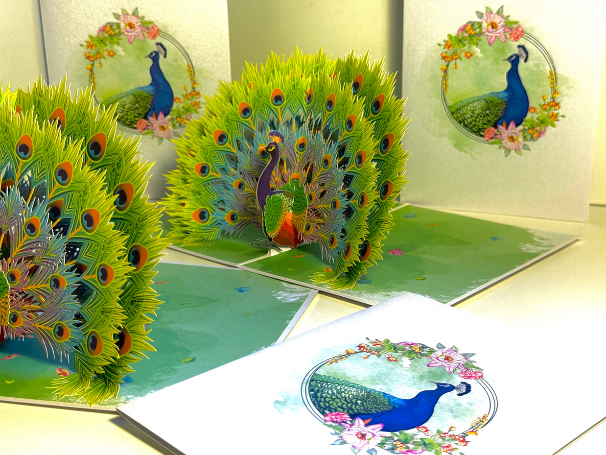 Royal Blue Peacock on Green Grass Origami Pop Cards 3D Pop Up Greeting Card Best Wishes Happy Birthday Gift Thank You Handmade Best Wishes Blank Card for Any Occasion Happy Mother's Day Happy Father's Day Celebrate the Beauty Of Nature and Peacock