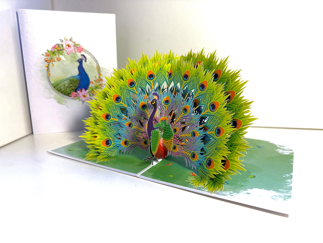 Royal Blue Peacock on Green Grass Origami Pop Cards 3D Pop Up Greeting Card Best Wishes Happy Birthday Gift Thank You Handmade Best Wishes Blank Card for Any Occasion Happy Mother's Day Happy Father's Day Celebrate the Beauty Of Nature and Peacock
