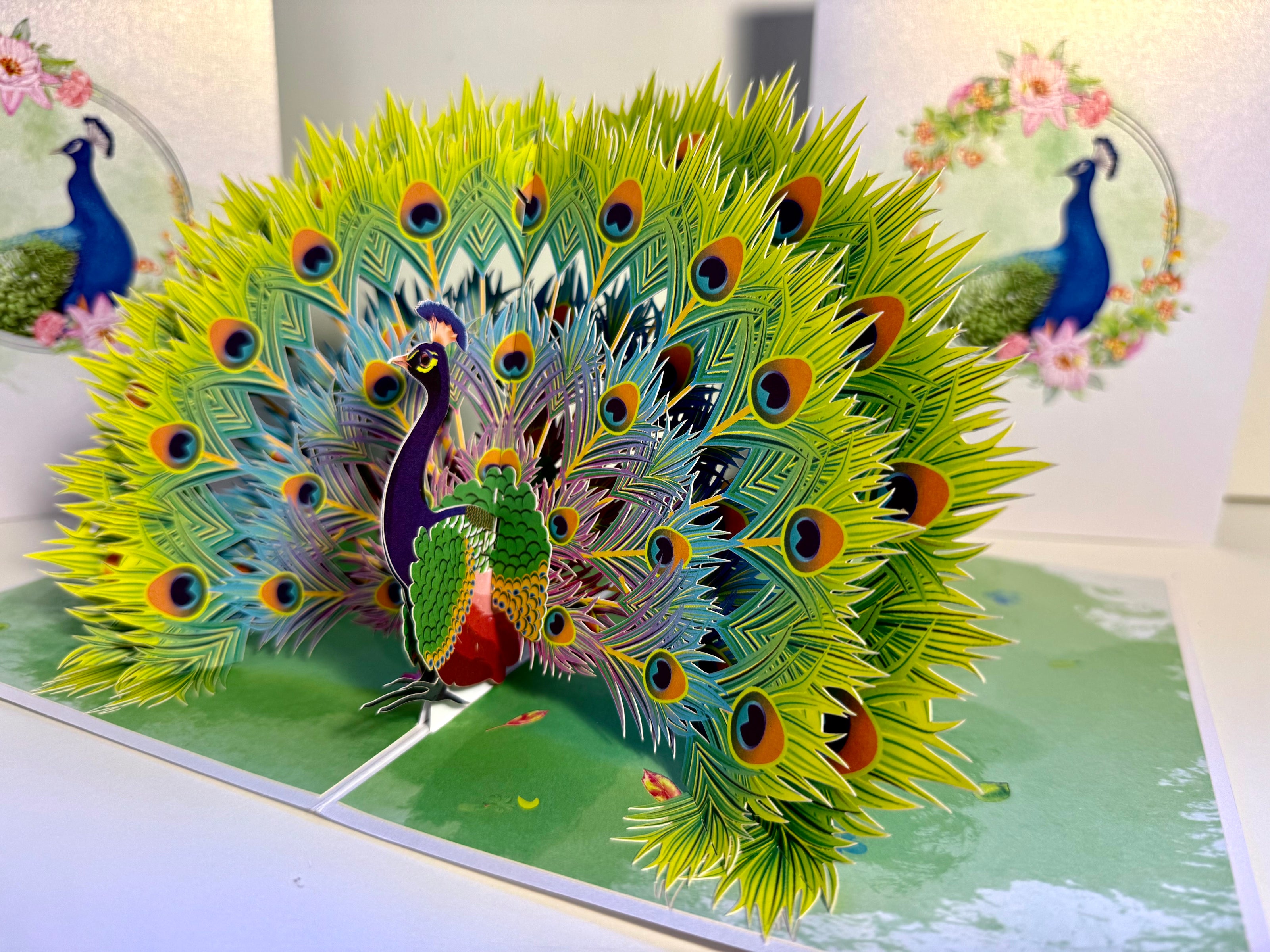 Royal Blue Peacock on Green Grass Origami Pop Cards 3D Pop Up Greeting Card Best Wishes Happy Birthday Gift Thank You Handmade Best Wishes Blank Card for Any Occasion Happy Mother's Day Happy Father's Day Celebrate the Beauty Of Nature and Peacock