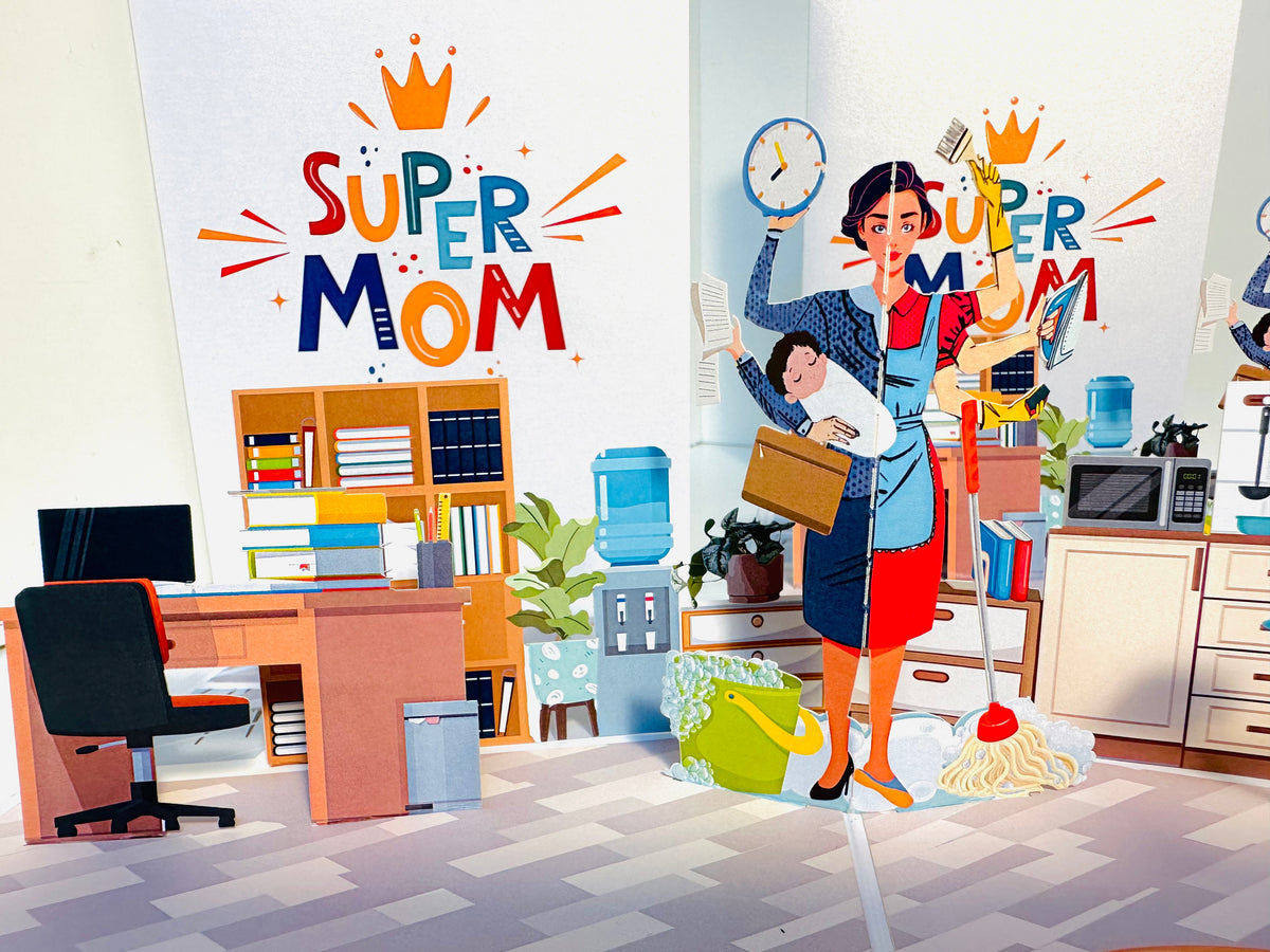 SUPER MOM - Incredible Multitasking Abilities of the Modern Mother Origami Pop Cards 3D Pop Up Greeting Card Handmade Gift for Mum Floral Blank Card Australian Made Thank You Thinking of You Mother's Day Paper Art Gift Australian Celebrate Special Mum