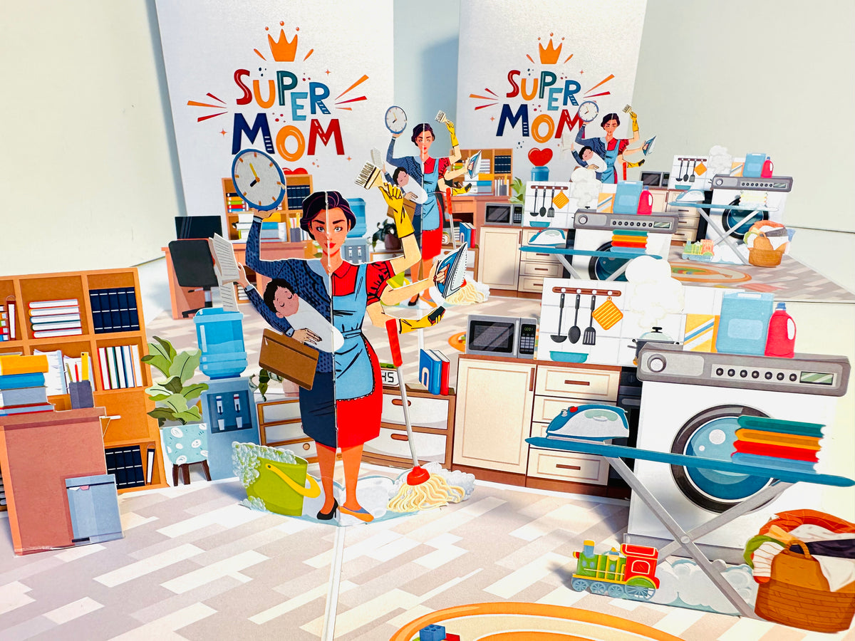 SUPER MOM - Incredible Multitasking Abilities of the Modern Mother Origami Pop Cards 3D Pop Up Greeting Card Handmade Gift for Mum Floral Blank Card Australian Made Thank You Thinking of You Mother's Day Paper Art Gift Australian Celebrate Special Mum