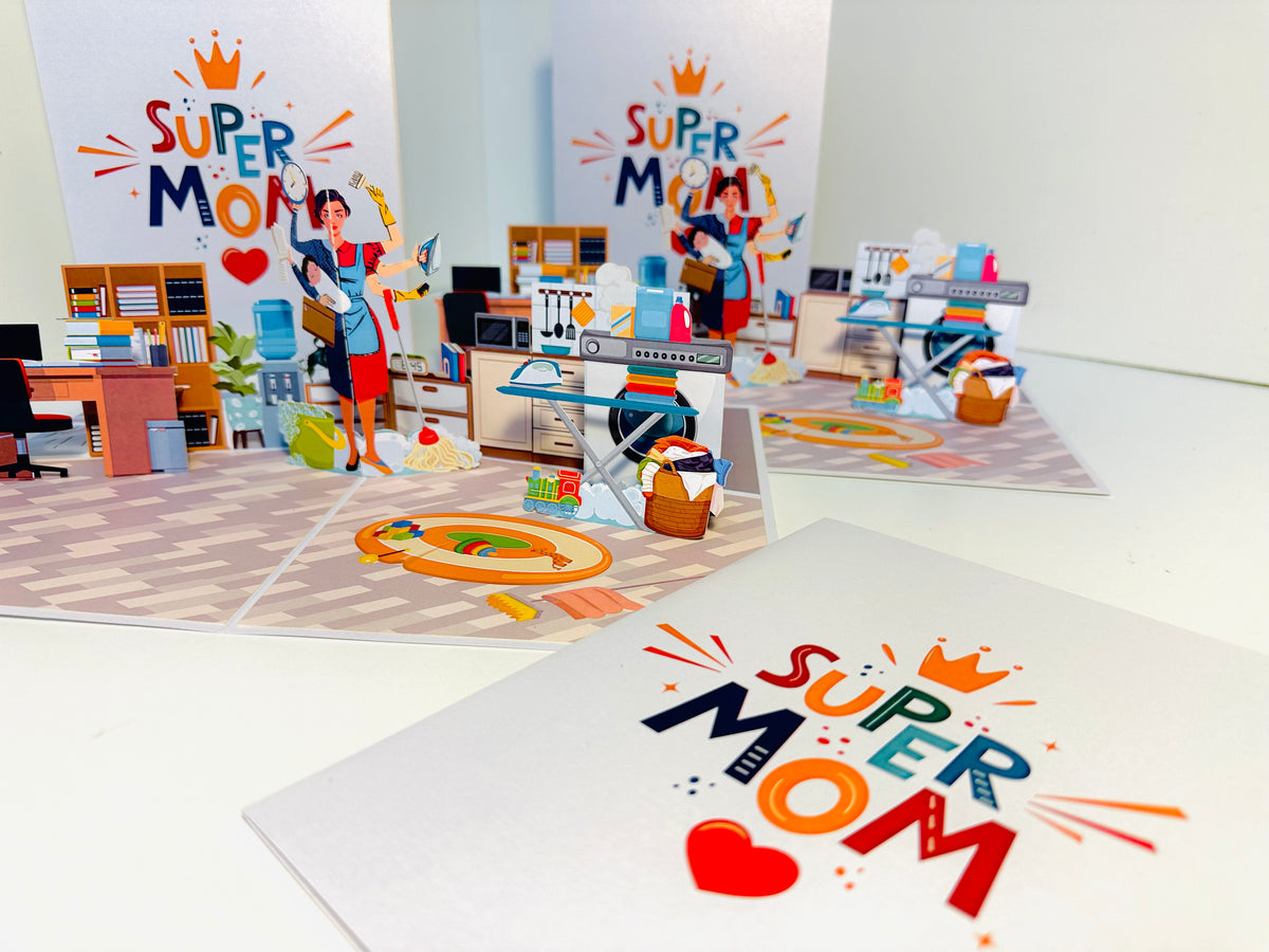 SUPER MOM - Incredible Multitasking Abilities of the Modern Mother Origami Pop Cards 3D Pop Up Greeting Card Handmade Gift for Mum Floral Blank Card Australian Made Thank You Thinking of You Mother's Day Paper Art Gift Australian Celebrate Special Mum