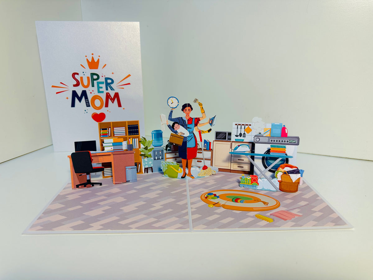 SUPER MOM - Incredible Multitasking Abilities of the Modern Mother Origami Pop Cards 3D Pop Up Greeting Card Handmade Gift for Mum Floral Blank Card Australian Made Thank You Thinking of You Mother's Day Paper Art Gift Australian Celebrate Special Mum