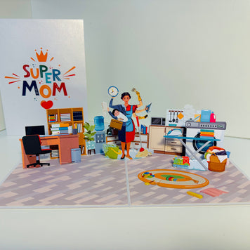 SUPER MOM - Incredible Multitasking Abilities of the Modern Mother Origami Pop Cards 3D Pop Up Greeting Card Handmade Gift for Mum Floral Blank Card Australian Made Thank You Thinking of You Mother's Day Paper Art Gift Australian Celebrate Special Mum