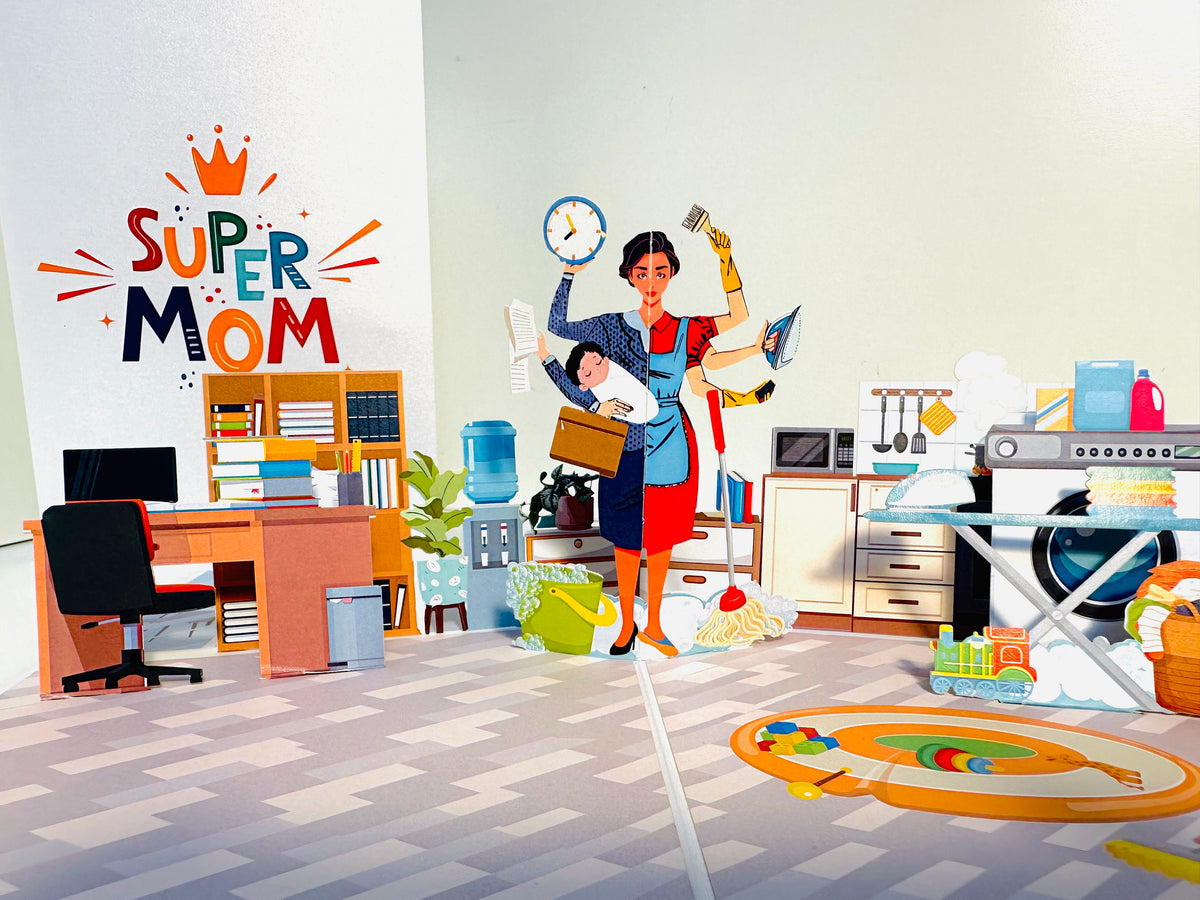 SUPER MOM - Incredible Multitasking Abilities of the Modern Mother Origami Pop Cards 3D Pop Up Greeting Card Handmade Gift for Mum Floral Blank Card Australian Made Thank You Thinking of You Mother's Day Paper Art Gift Australian Celebrate Special Mum
