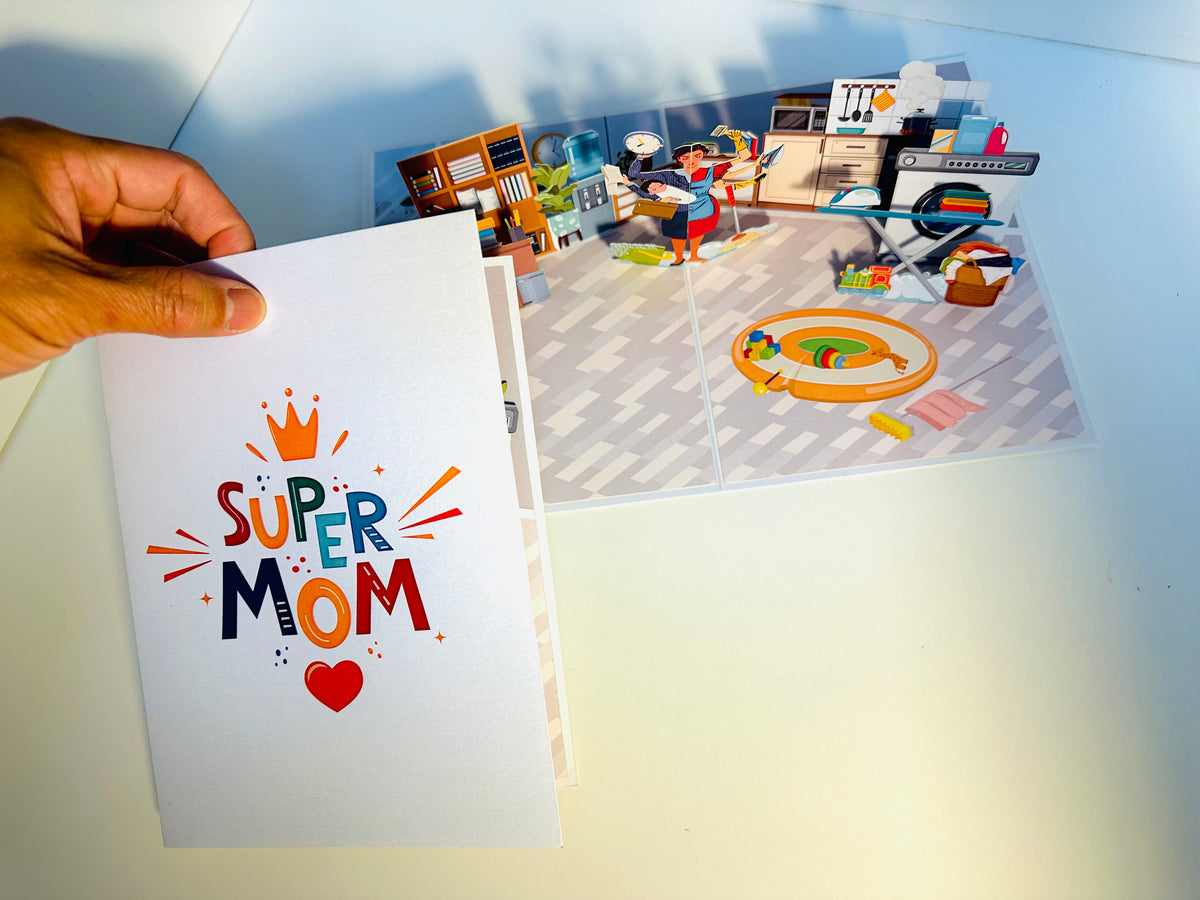 SUPER MOM - Incredible Multitasking Abilities of the Modern Mother Origami Pop Cards 3D Pop Up Greeting Card Handmade Gift for Mum Floral Blank Card Australian Made Thank You Thinking of You Mother's Day Paper Art Gift Australian Celebrate Special Mum