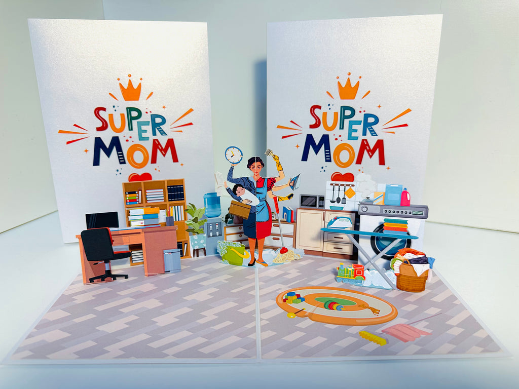 SUPER MOM - Incredible Multitasking Abilities of the Modern Mother Origami Pop Cards 3D Pop Up Greeting Card Handmade Gift for Mum Floral Blank Card Australian Made Thank You Thinking of You Mother's Day Paper Art Gift Australian Celebrate Special Mum