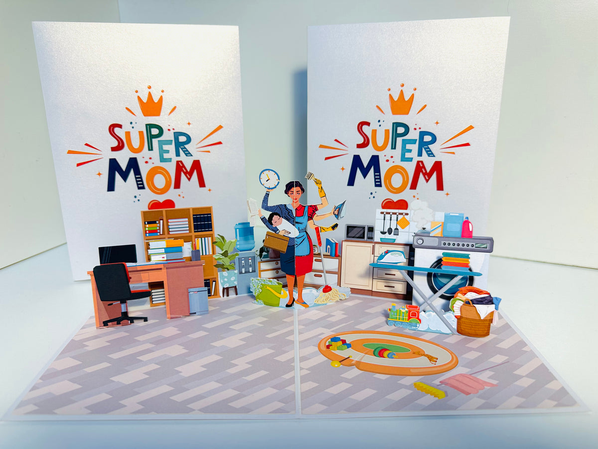 SUPER MOM - Incredible Multitasking Abilities of the Modern Mother Origami Pop Cards 3D Pop Up Greeting Card Handmade Gift for Mum Floral Blank Card Australian Made Thank You Thinking of You Mother's Day Paper Art Gift Australian Celebrate Special Mum