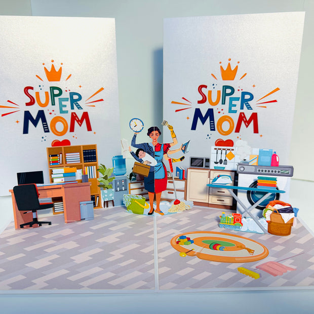 SUPER MOM - Incredible Multitasking Abilities of the Modern Mother Origami Pop Cards 3D Pop Up Greeting Card Handmade Gift for Mum Floral Blank Card Australian Made Thank You Thinking of You Mother's Day Paper Art Gift Australian Celebrate Special Mum