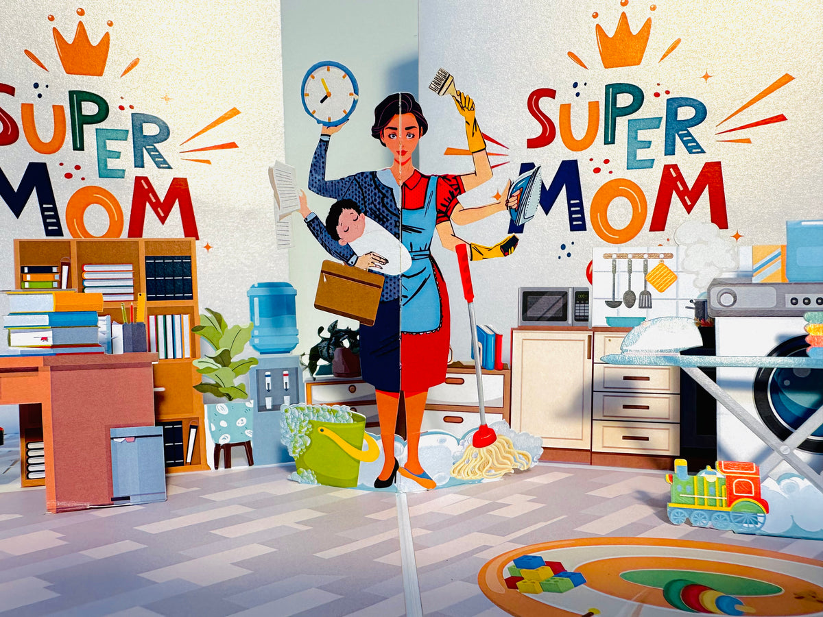 SUPER MOM - Incredible Multitasking Abilities of the Modern Mother Origami Pop Cards 3D Pop Up Greeting Card Handmade Gift for Mum Floral Blank Card Australian Made Thank You Thinking of You Mother's Day Paper Art Gift Australian Celebrate Special Mum