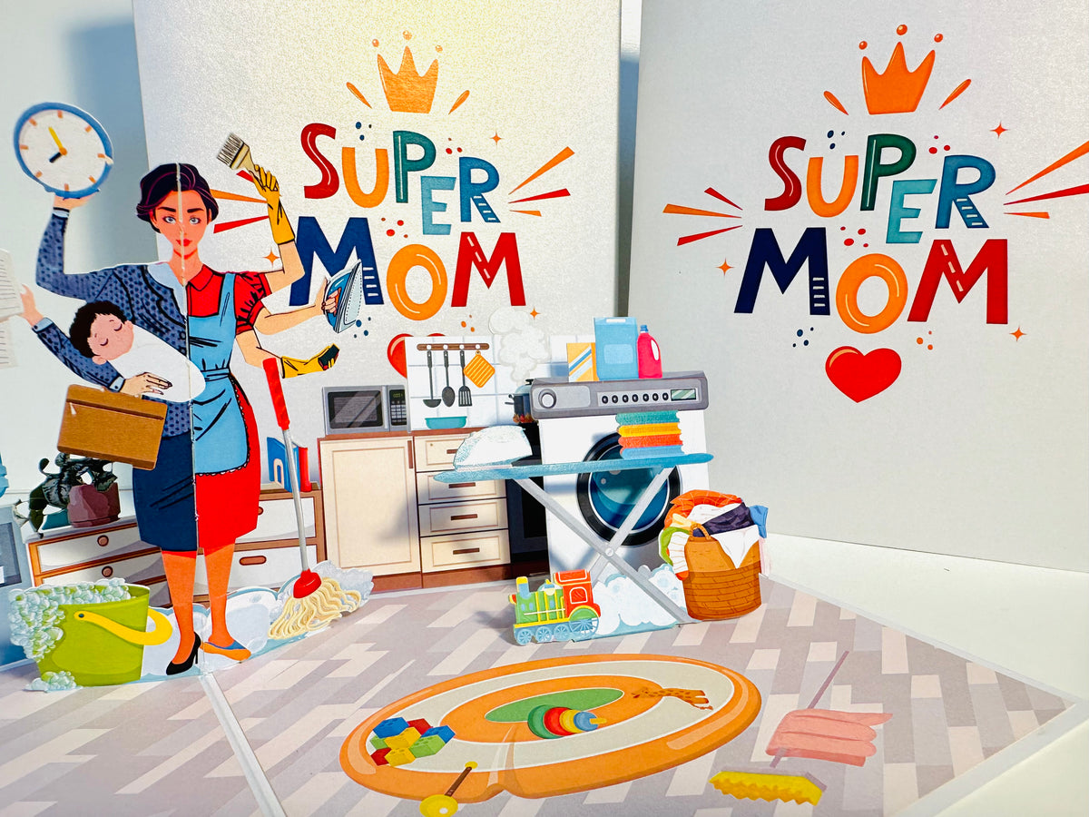 SUPER MOM - Incredible Multitasking Abilities of the Modern Mother Origami Pop Cards 3D Pop Up Greeting Card Handmade Gift for Mum Floral Blank Card Australian Made Thank You Thinking of You Mother's Day Paper Art Gift Australian Celebrate Special Mum