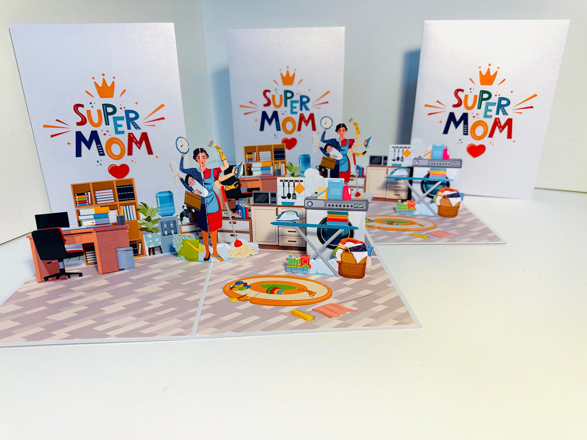 SUPER MOM - Incredible Multitasking Abilities of the Modern Mother Origami Pop Cards 3D Pop Up Greeting Card Handmade Gift for Mum Floral Blank Card Australian Made Thank You Thinking of You Mother's Day Paper Art Gift Australian Celebrate Special Mum