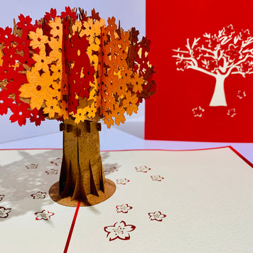 Sakura Cherry Blossom Tree in Orange/Red Autumn Colours Origami Pop Cards 3D Pop Up Greeting Card Happy Birthday Thank You Handmade Gift Thinking of You Blank Card for Any Occasion Happy Mother's Day Happy Father's Australiana Celebrate