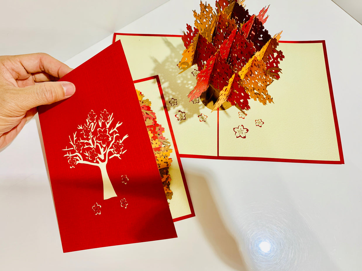 Sakura Cherry Blossom Tree in Orange/Red Autumn Colours Origami Pop Cards 3D Pop Up Greeting Card Happy Birthday Thank You Handmade Gift Thinking of You Blank Card for Any Occasion Happy Mother's Day Happy Father's Australiana Celebrate