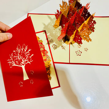 Sakura Cherry Blossom Tree in Orange/Red Autumn Colours Origami Pop Cards 3D Pop Up Greeting Card Happy Birthday Thank You Handmade Gift Thinking of You Blank Card for Any Occasion Happy Mother's Day Happy Father's Australiana Celebrate