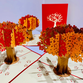 Sakura Cherry Blossom Tree in Orange/Red Autumn Colours Origami Pop Cards 3D Pop Up Greeting Card Happy Birthday Thank You Handmade Gift Thinking of You Blank Card for Any Occasion Happy Mother's Day Happy Father's Australiana Celebrate