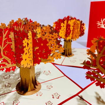 Sakura Cherry Blossom Tree in Orange/Red Autumn Colours Origami Pop Cards 3D Pop Up Greeting Card Happy Birthday Thank You Handmade Gift Thinking of You Blank Card for Any Occasion Happy Mother's Day Happy Father's Australiana Celebrate
