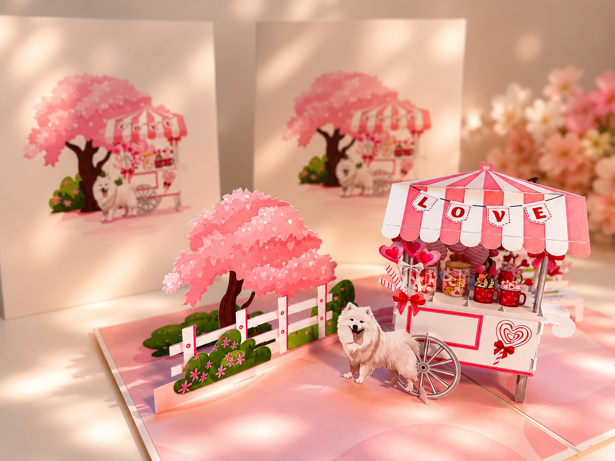 Samoyed Dog with a LOVE Lollipop Cart - Perfect for Dog Lovers Origami Pop Cards 3D Pop Up Greeting Card Happy Birthday Thank You Handmade Gift Thinking of You Blank Card for Any Occasion Happy Mother's Day Happy Father's Australiana Celebrate the Beauty