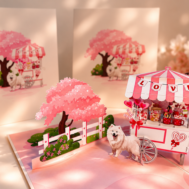 Samoyed Dog with a LOVE Lollipop Cart - Perfect for Dog Lovers Origami Pop Cards 3D Pop Up Greeting Card Happy Birthday Thank You Handmade Gift Thinking of You Blank Card for Any Occasion Happy Mother's Day Happy Father's Australiana Celebrate the Beauty