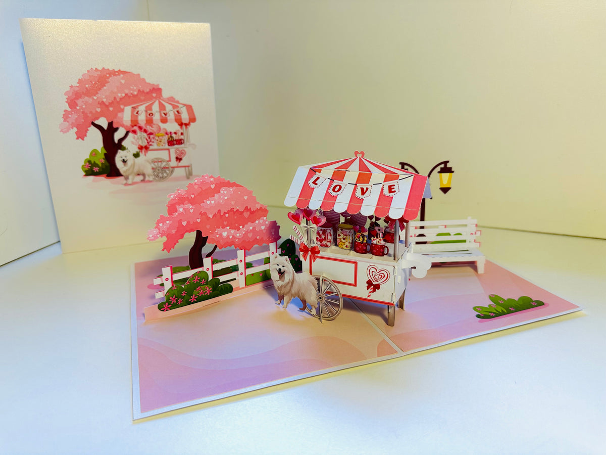 Samoyed Dog with a LOVE Lollipop Cart - Perfect for Dog Lovers Origami Pop Cards 3D Pop Up Greeting Card Happy Birthday Thank You Handmade Gift Thinking of You Blank Card for Any Occasion Happy Mother's Day Happy Father's Australiana Celebrate the Beauty