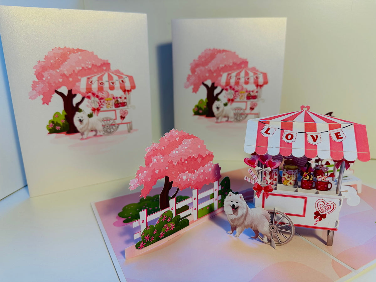 Samoyed Dog with a LOVE Lollipop Cart - Perfect for Dog Lovers Origami Pop Cards 3D Pop Up Greeting Card Happy Birthday Thank You Handmade Gift Thinking of You Blank Card for Any Occasion Happy Mother's Day Happy Father's Australiana Celebrate the Beauty