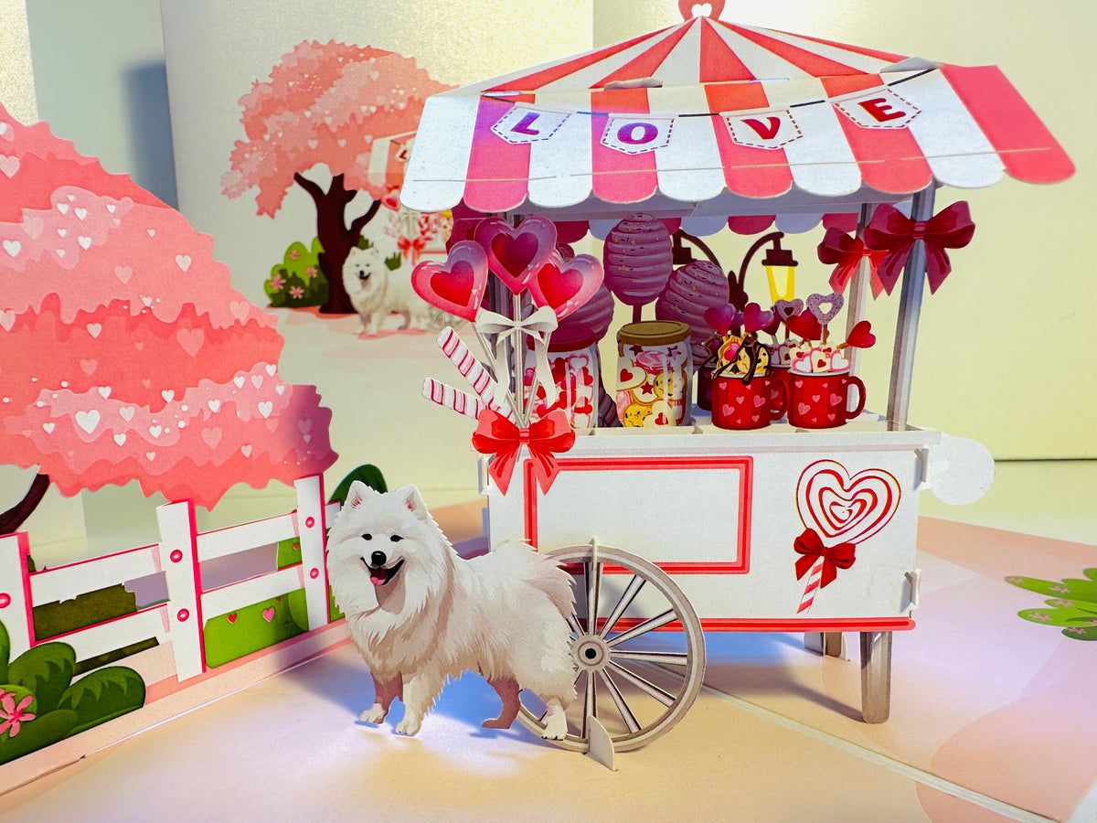 Samoyed Dog with a LOVE Lollipop Cart - Perfect for Dog Lovers Origami Pop Cards 3D Pop Up Greeting Card Happy Birthday Thank You Handmade Gift Thinking of You Blank Card for Any Occasion Happy Mother's Day Happy Father's Australiana Celebrate the Beauty