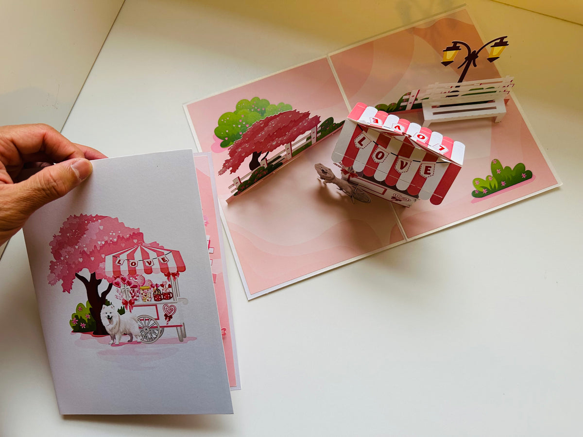 Samoyed Dog with a LOVE Lollipop Cart - Perfect for Dog Lovers Origami Pop Cards 3D Pop Up Greeting Card Happy Birthday Thank You Handmade Gift Thinking of You Blank Card for Any Occasion Happy Mother's Day Happy Father's Australiana Celebrate the Beauty