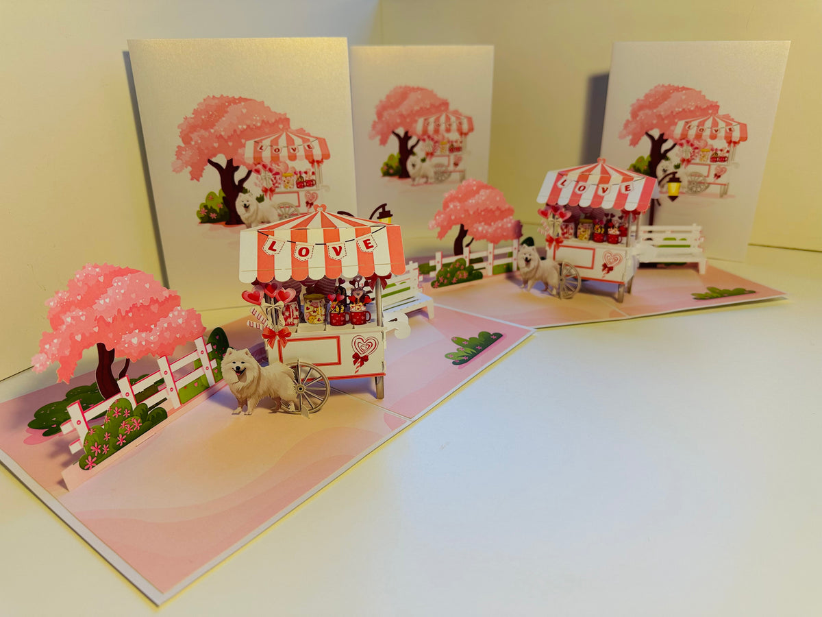 Samoyed Dog with a LOVE Lollipop Cart - Perfect for Dog Lovers Origami Pop Cards 3D Pop Up Greeting Card Happy Birthday Thank You Handmade Gift Thinking of You Blank Card for Any Occasion Happy Mother's Day Happy Father's Australiana Celebrate the Beauty