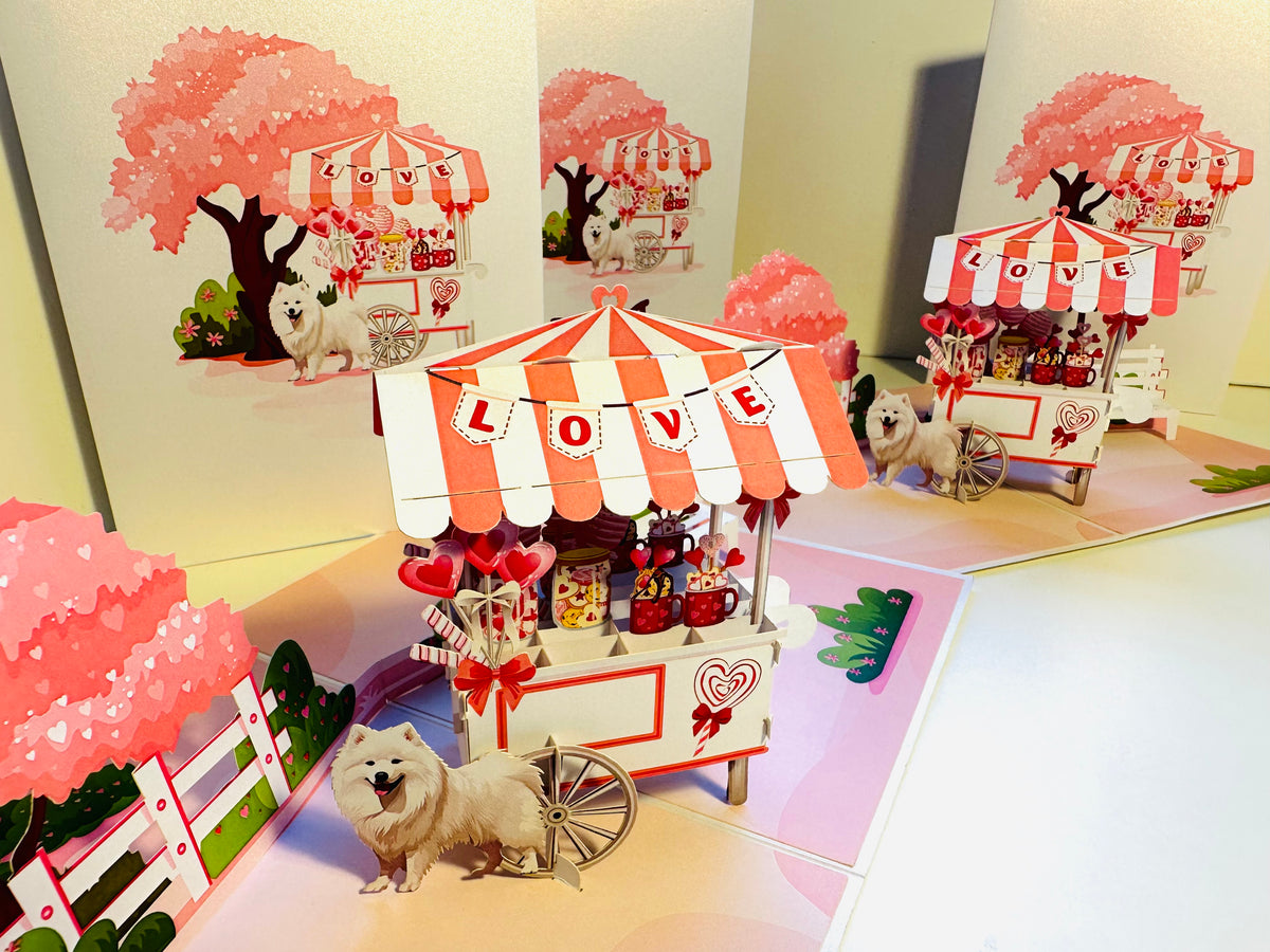 Samoyed Dog with a LOVE Lollipop Cart - Perfect for Dog Lovers Origami Pop Cards 3D Pop Up Greeting Card Happy Birthday Thank You Handmade Gift Thinking of You Blank Card for Any Occasion Happy Mother's Day Happy Father's Australiana Celebrate the Beauty