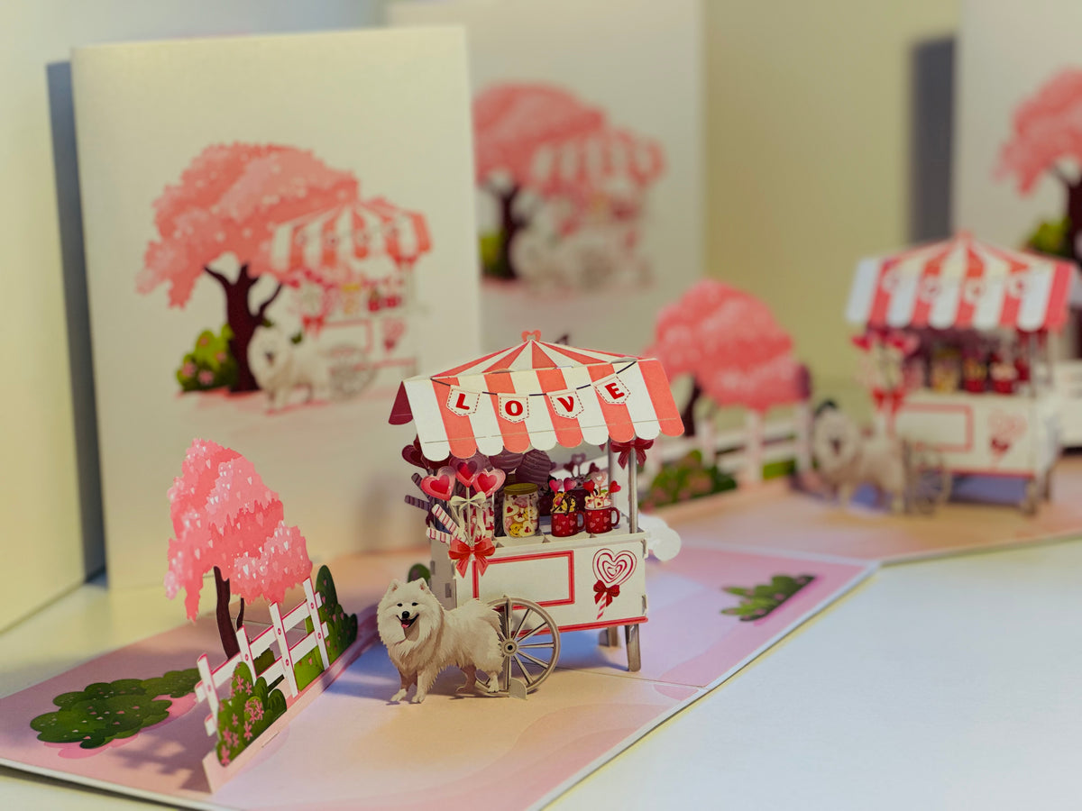 Samoyed Dog with a LOVE Lollipop Cart - Perfect for Dog Lovers Origami Pop Cards 3D Pop Up Greeting Card Happy Birthday Thank You Handmade Gift Thinking of You Blank Card for Any Occasion Happy Mother's Day Happy Father's Australiana Celebrate the Beauty