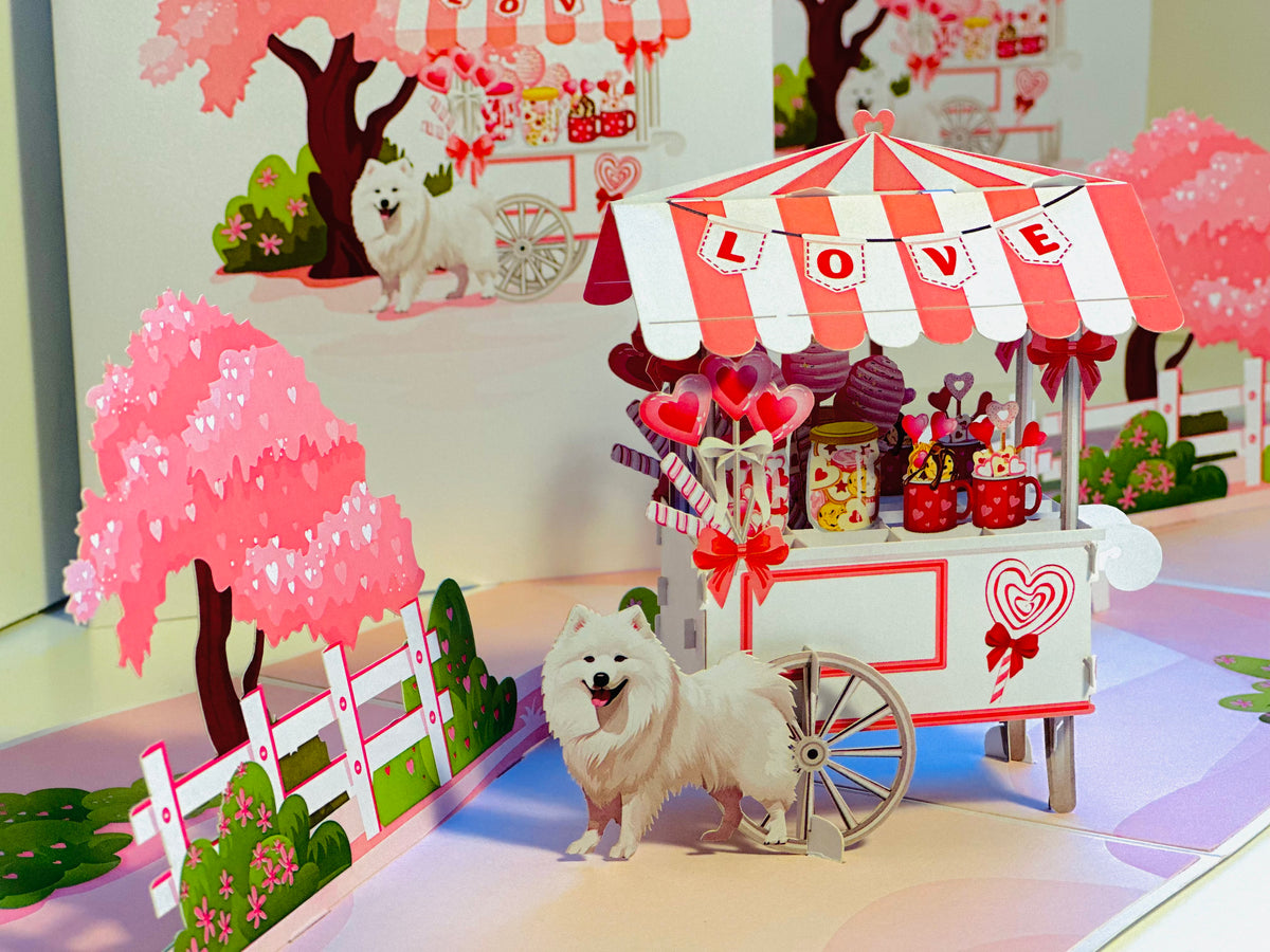 Samoyed Dog with a LOVE Lollipop Cart - Perfect for Dog Lovers Origami Pop Cards 3D Pop Up Greeting Card Happy Birthday Thank You Handmade Gift Thinking of You Blank Card for Any Occasion Happy Mother's Day Happy Father's Australiana Celebrate the Beauty