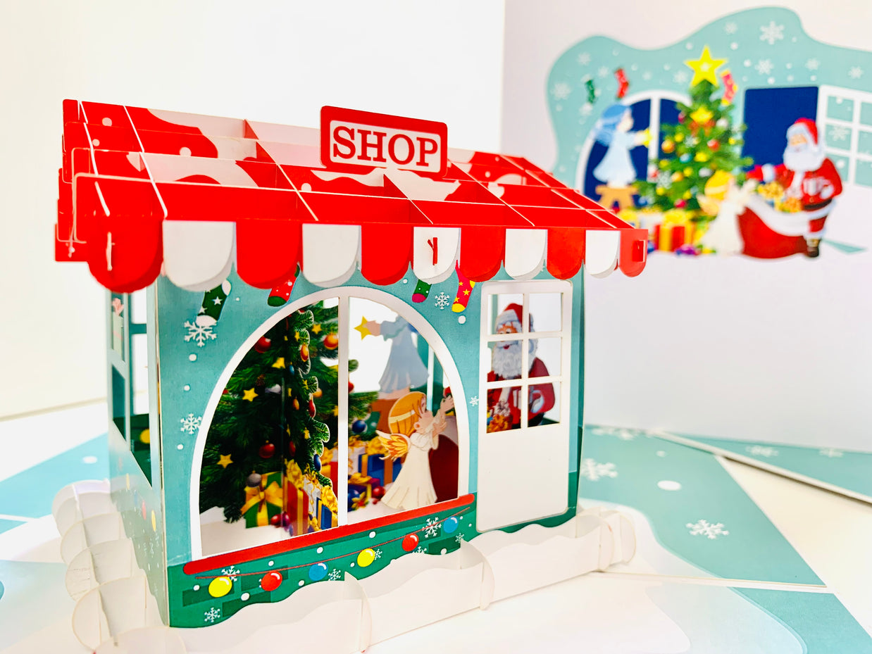 Santa Claus & Baby Angels Decorate Christmas Shop Origami Pop Cards 3D Pop Up Greeting Card Merry Christmas Thank You Handmade Best Wishes Blank Card Gift Happy Holidays Celebrate the Special Day Moment with Family and Friends