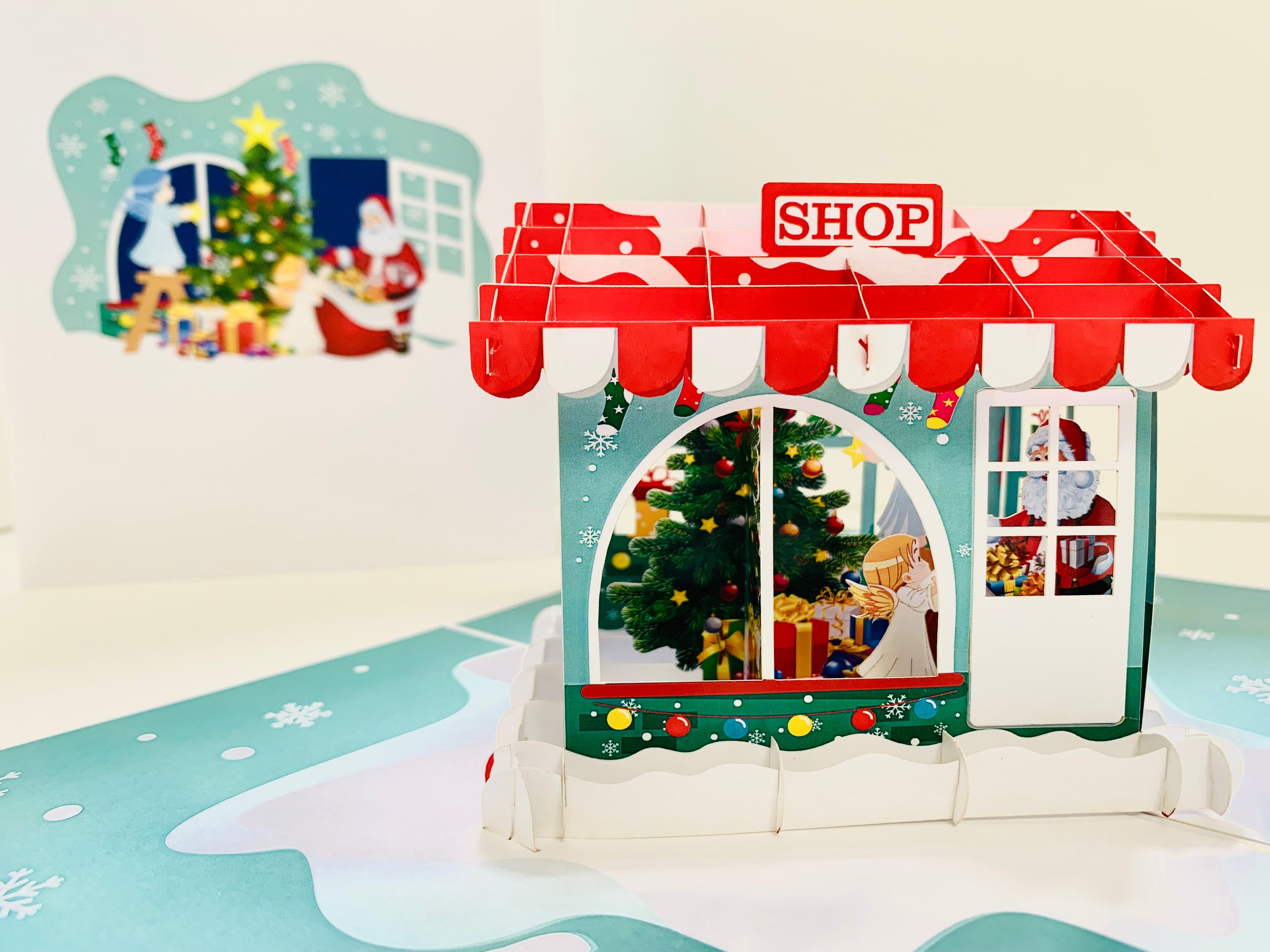 Santa Claus & Baby Angels Decorate Christmas Shop Origami Pop Cards 3D Pop Up Greeting Card Merry Christmas Thank You Handmade Best Wishes Blank Card Gift Happy Holidays Celebrate the Special Day Moment with Family and Friends