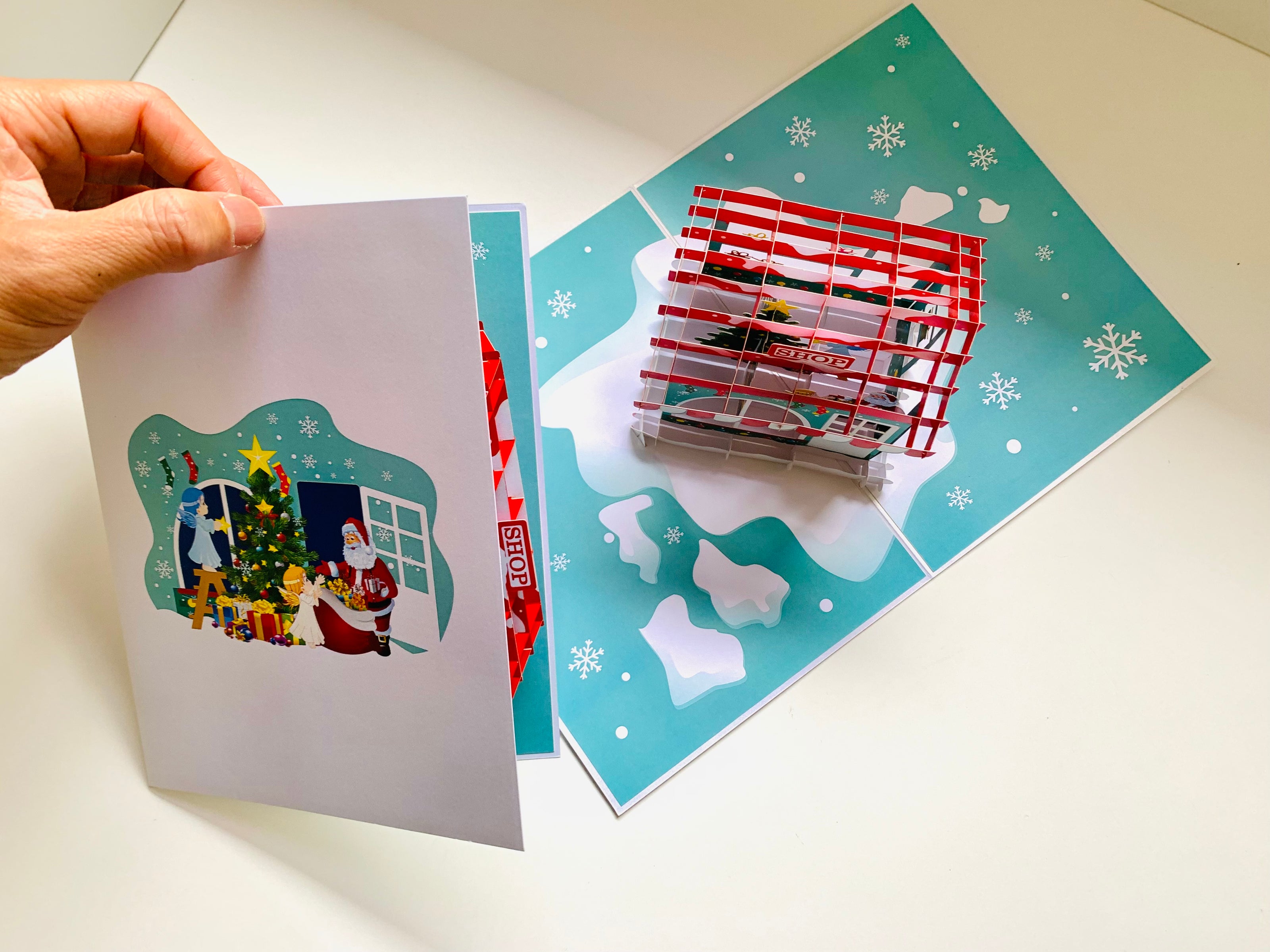 Santa Claus & Baby Angels Decorate Christmas Shop Origami Pop Cards 3D Pop Up Greeting Card Merry Christmas Thank You Handmade Best Wishes Blank Card Gift Happy Holidays Celebrate the Special Day Moment with Family and Friends