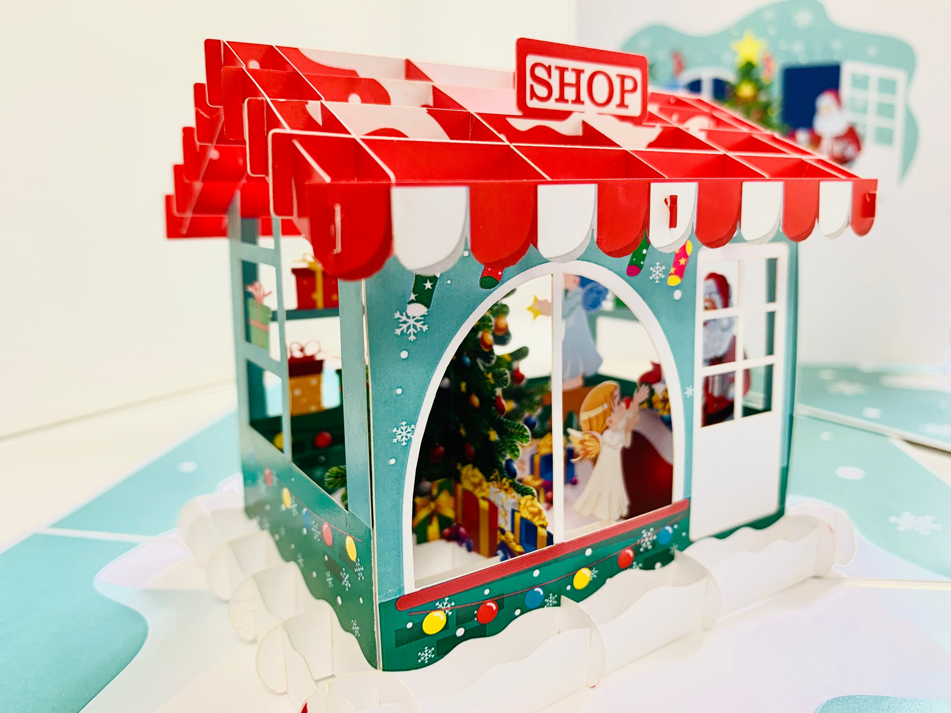 Santa Claus & Baby Angels Decorate Christmas Shop Origami Pop Cards 3D Pop Up Greeting Card Merry Christmas Thank You Handmade Best Wishes Blank Card Gift Happy Holidays Celebrate the Special Day Moment with Family and Friends