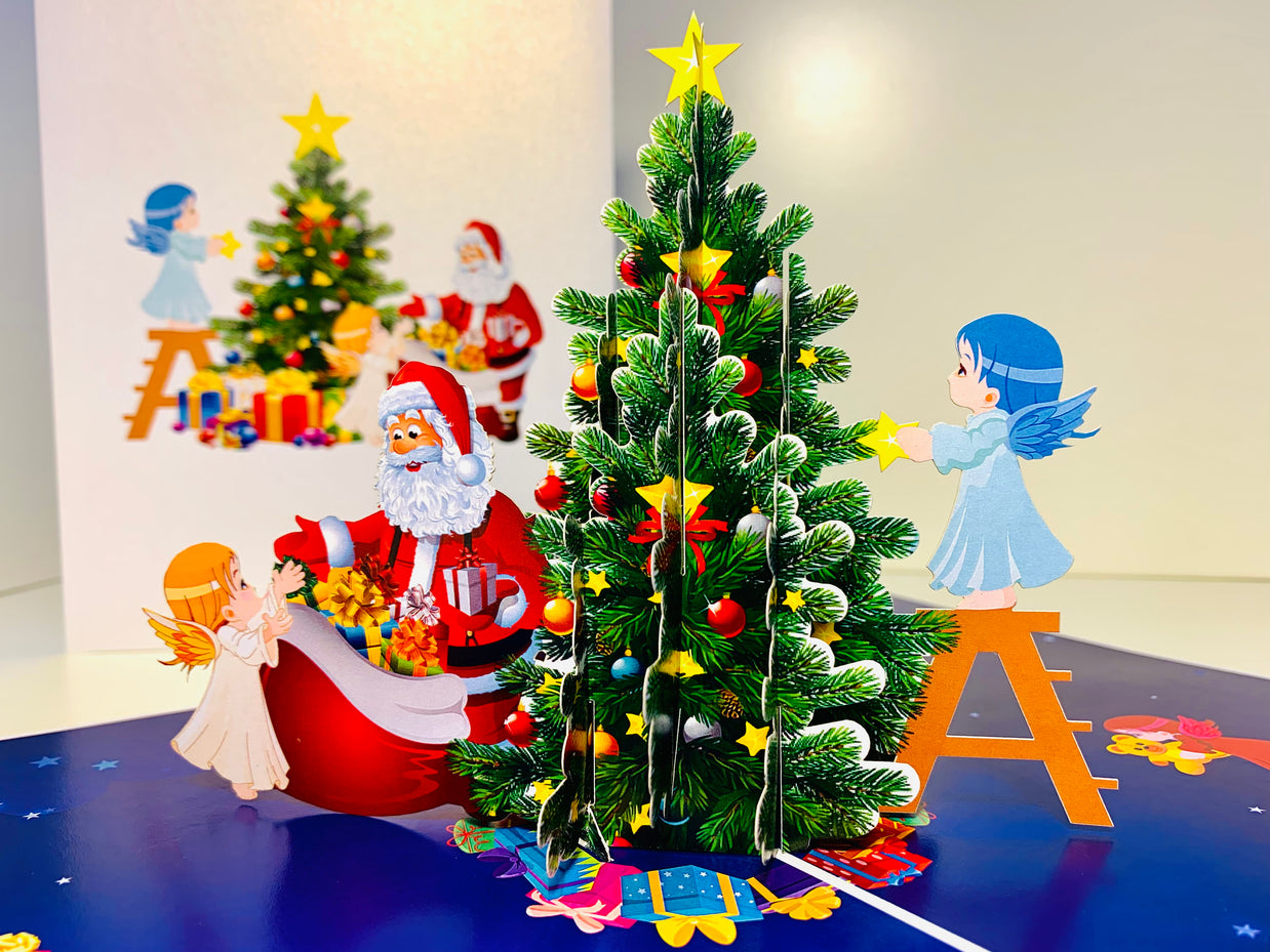 Santa Claus & Baby Angels Decorate Christmas Tree Origami Pop Cards 3D Pop Up Greeting Card Merry Christmas Thank You Handmade Best Wishes Blank Card Gift Happy Holidays Celebrate the Special Day Moment with Family and Friends