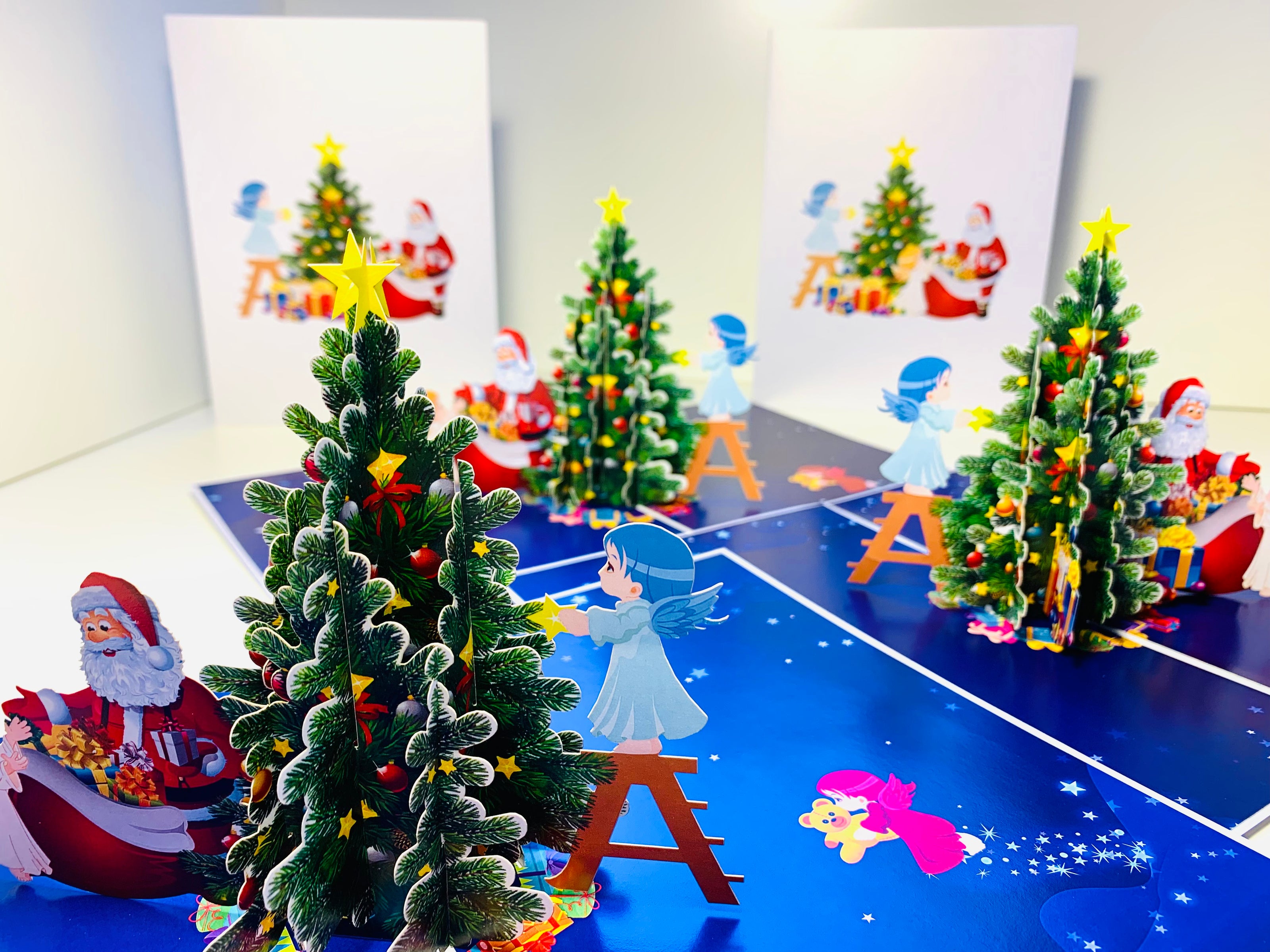 Santa Claus & Baby Angels Decorate Christmas Tree Origami Pop Cards 3D Pop Up Greeting Card Merry Christmas Thank You Handmade Best Wishes Blank Card Gift Happy Holidays Celebrate the Special Day Moment with Family and Friends