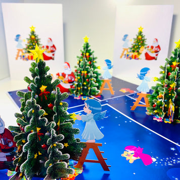 Santa Claus & Baby Angels Decorate Christmas Tree Origami Pop Cards 3D Pop Up Greeting Card Merry Christmas Thank You Handmade Best Wishes Blank Card Gift Happy Holidays Celebrate the Special Day Moment with Family and Friends