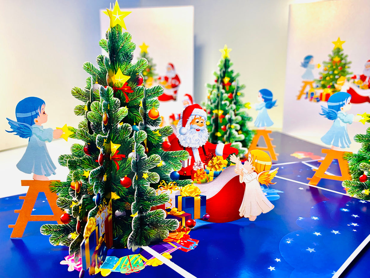 Santa Claus & Baby Angels Decorate Christmas Tree Origami Pop Cards 3D Pop Up Greeting Card Merry Christmas Thank You Handmade Best Wishes Blank Card Gift Happy Holidays Celebrate the Special Day Moment with Family and Friends