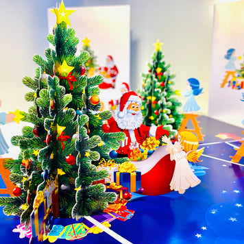 Santa Claus & Baby Angels Decorate Christmas Tree Origami Pop Cards 3D Pop Up Greeting Card Merry Christmas Thank You Handmade Best Wishes Blank Card Gift Happy Holidays Celebrate the Special Day Moment with Family and Friends