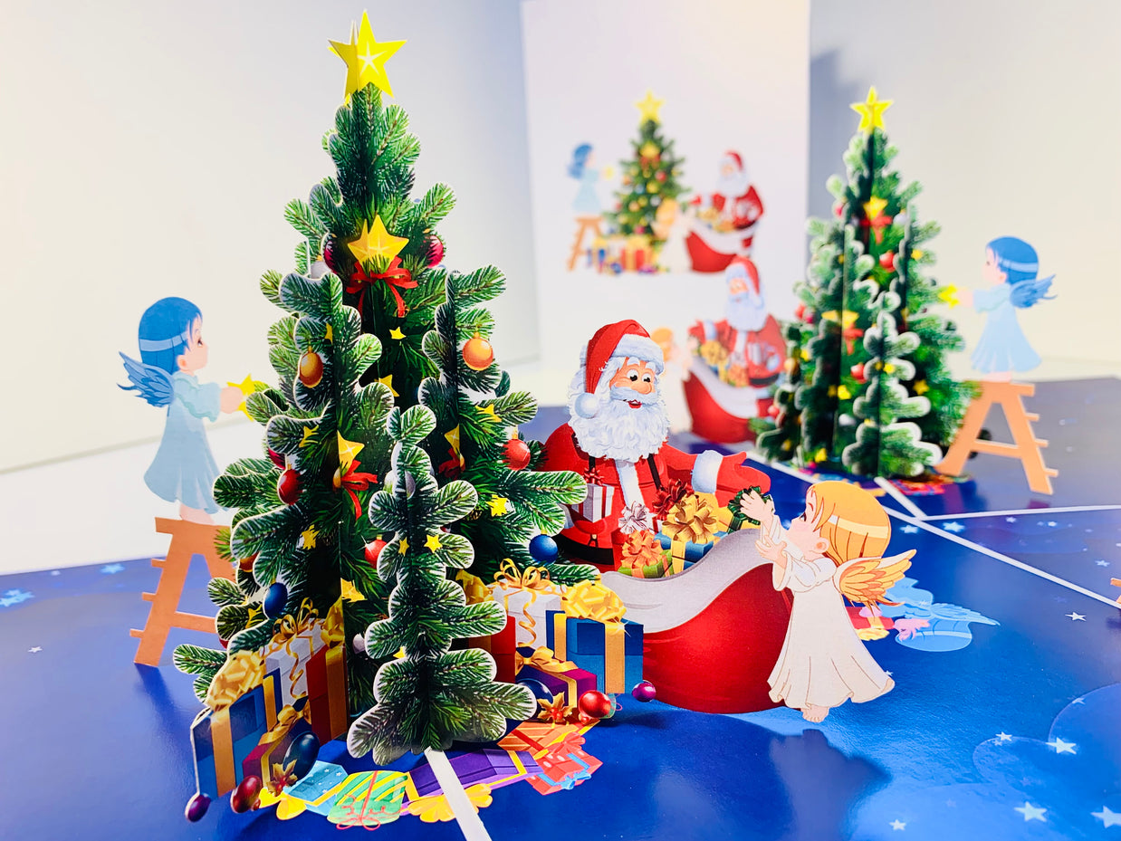 Santa Claus & Baby Angels Decorate Christmas Tree Origami Pop Cards 3D Pop Up Greeting Card Merry Christmas Thank You Handmade Best Wishes Blank Card Gift Happy Holidays Celebrate the Special Day Moment with Family and Friends