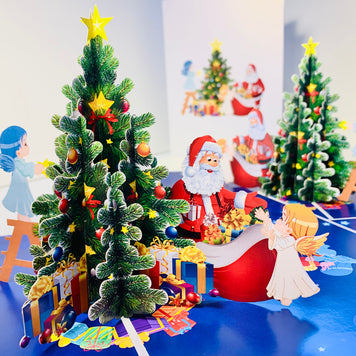 Santa Claus & Baby Angels Decorate Christmas Tree Origami Pop Cards 3D Pop Up Greeting Card Merry Christmas Thank You Handmade Best Wishes Blank Card Gift Happy Holidays Celebrate the Special Day Moment with Family and Friends