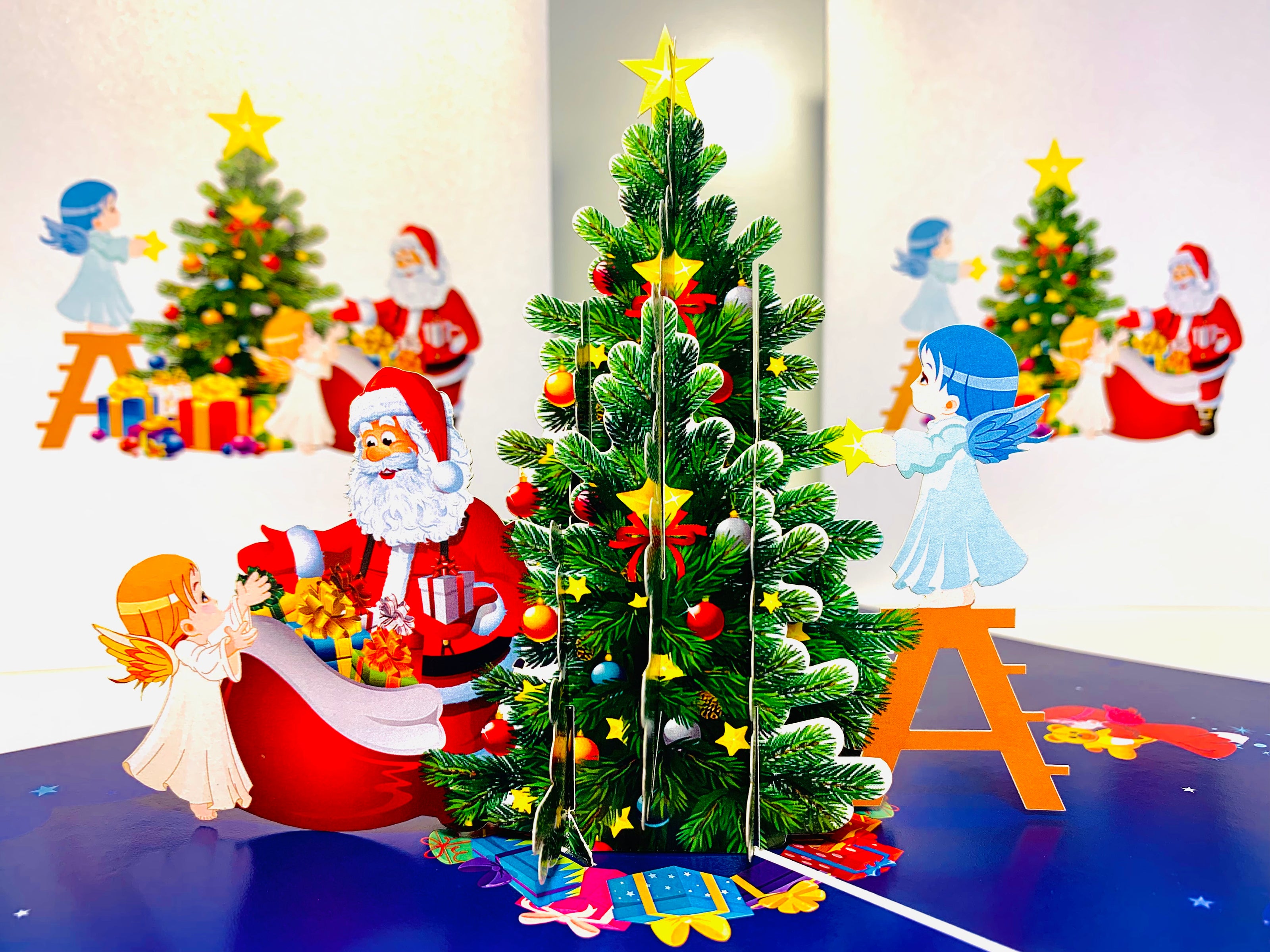 Santa Claus & Baby Angels Decorate Christmas Tree Origami Pop Cards 3D Pop Up Greeting Card Merry Christmas Thank You Handmade Best Wishes Blank Card Gift Happy Holidays Celebrate the Special Day Moment with Family and Friends