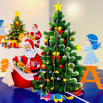 Santa Claus & Baby Angels Decorate Christmas Tree Origami Pop Cards 3D Pop Up Greeting Card Merry Christmas Thank You Handmade Best Wishes Blank Card Gift Happy Holidays Celebrate the Special Day Moment with Family and Friends