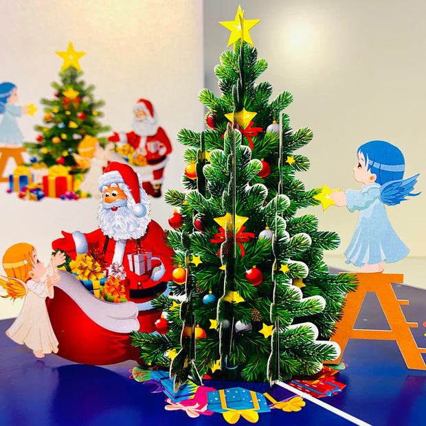 Santa Claus & Baby Angels Decorate Christmas Tree Origami Pop Cards 3D Pop Up Greeting Card Merry Christmas Thank You Handmade Best Wishes Blank Card Gift Happy Holidays Celebrate the Special Day Moment with Family and Friends