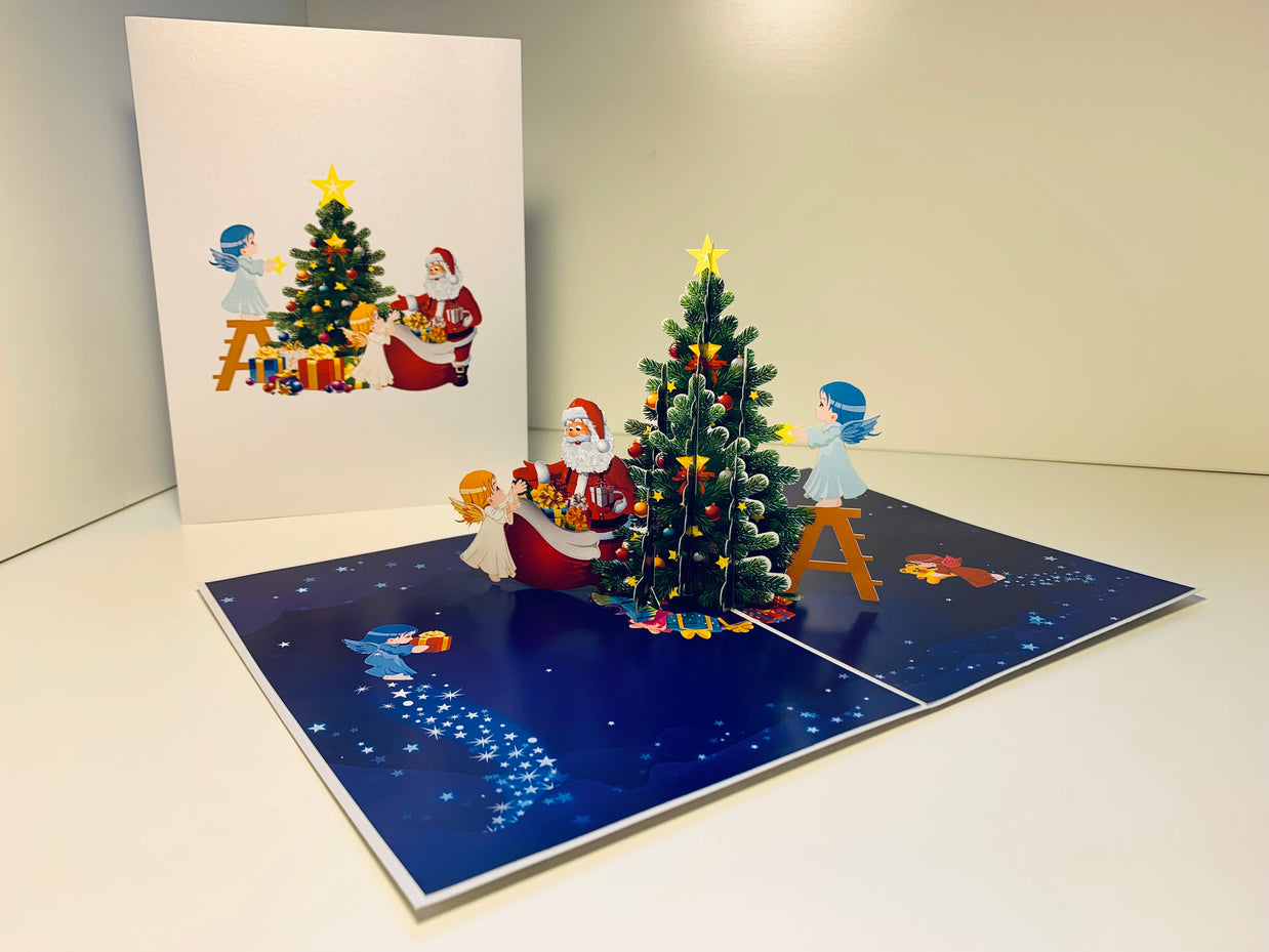 Santa Claus & Baby Angels Decorate Christmas Tree Origami Pop Cards 3D Pop Up Greeting Card Merry Christmas Thank You Handmade Best Wishes Blank Card Gift Happy Holidays Celebrate the Special Day Moment with Family and Friends